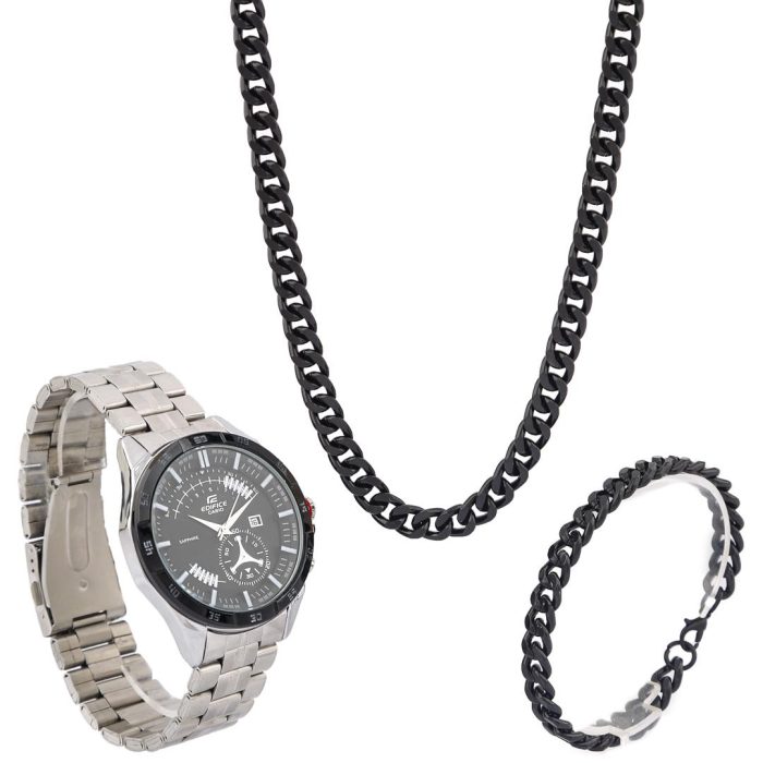 ست ساعت دستبند گردنبند استیل مردانه Casio ( مشکی )