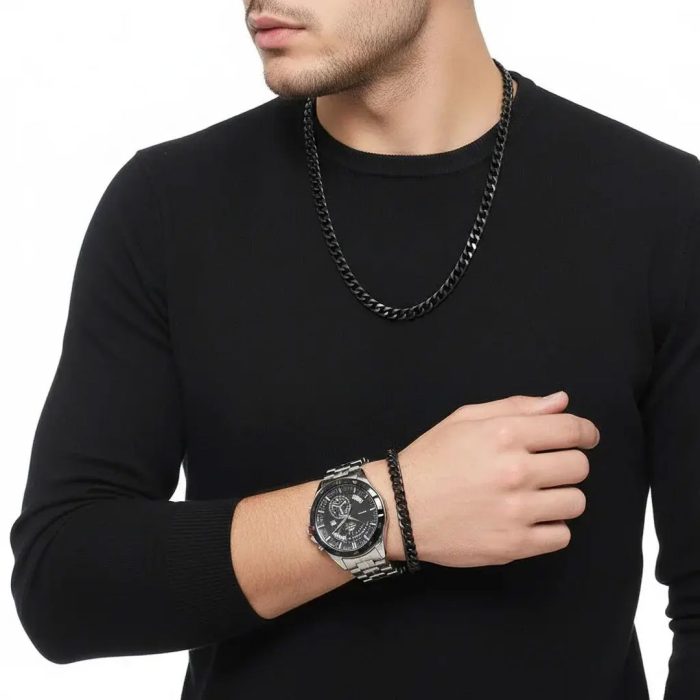 ست ساعت دستبند گردنبند استیل مردانه Casio ( مشکی )