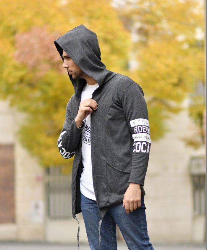 مدل جدید هودی سویی شرت شنل بلند مردانه طوسی طرح دار