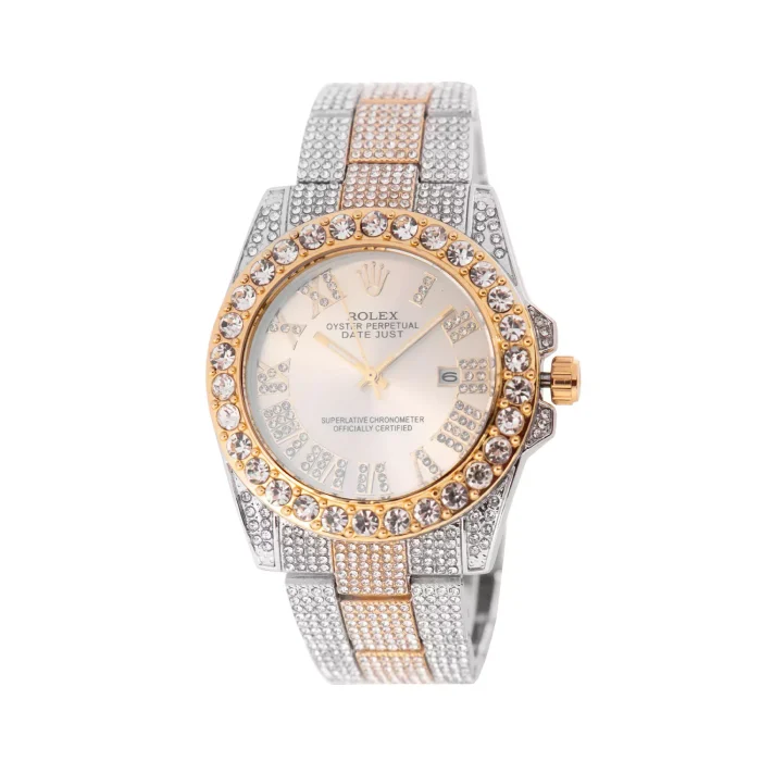 ساعت مچی دخترانه فول نگین نقره ای طلایی Rolex