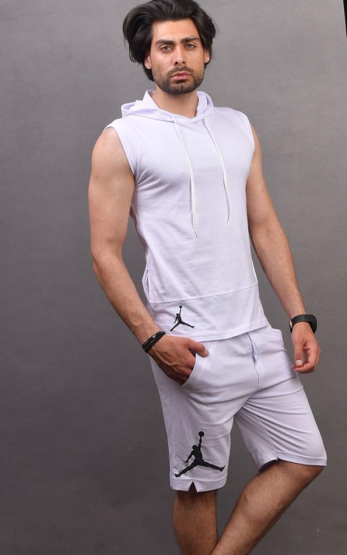 ست تی شرت رکابی کلاه دار آستین حلقه ای سفید با شلوار اسپرت ورزشی جدید 2020