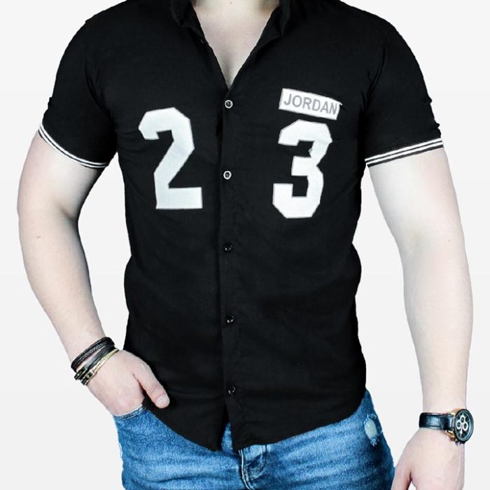 پیراهن مشکی دکمه ای مردانه آستین کوتاه طرح 23