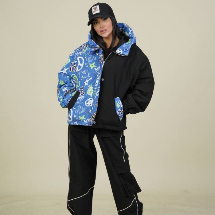 کاپشن ضخیم زمستانی دخترانه یک سمت طرح آبی