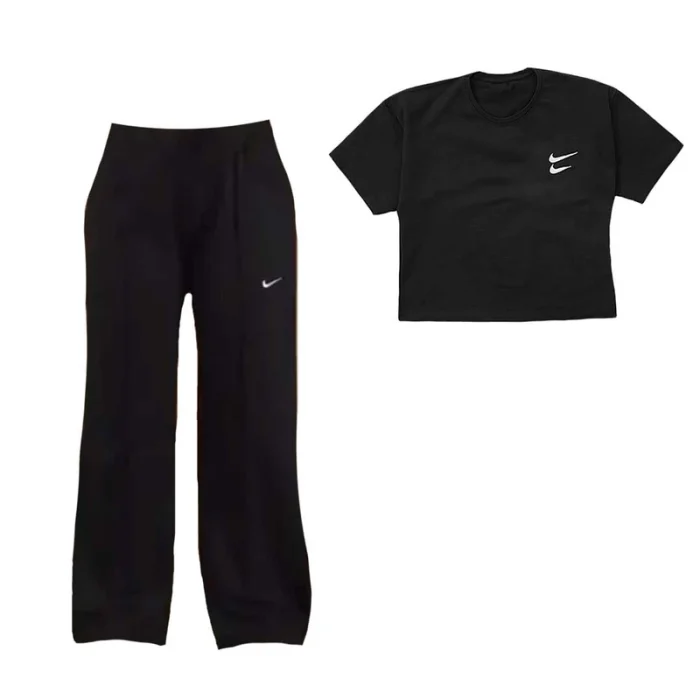 ست تیشرت کراپ با شلوار بگ مشکی دخترانه Nike