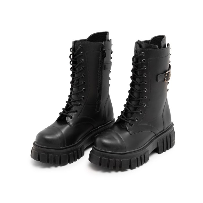 نیم بوت چرم دخترانه (مشکی) ساق بلند سگک دار