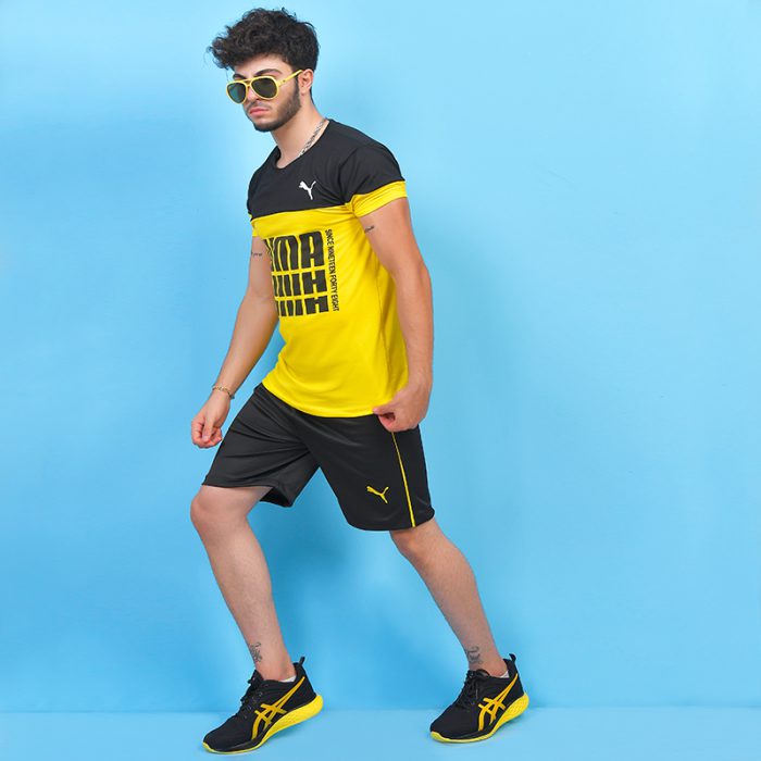خرید اینترنتی ست تیشرت و شلوارک زرد و مشکی مردانه پوما Puma