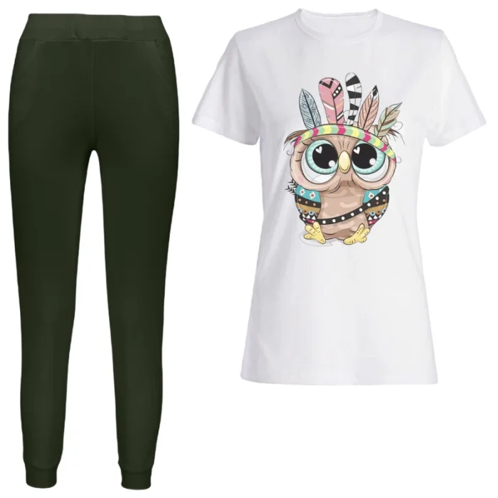 ست زنانه تیشرت شلوار اسلش طرح جغد سرخپوست