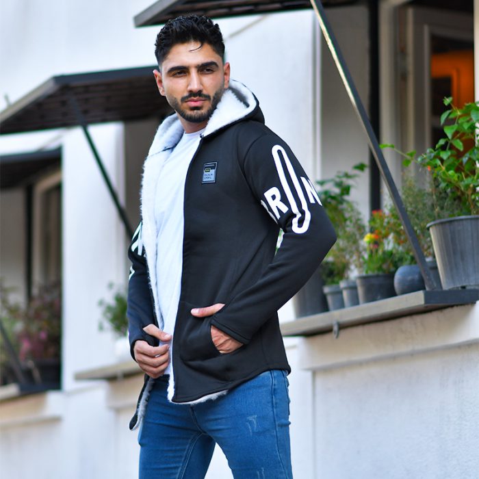 شنل هودی پسرانه (مشکی) کلاهدار با خز سفید مدل Finger