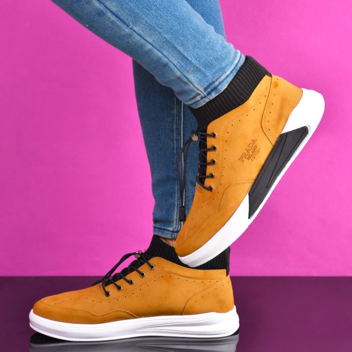 خرید ارزان کفش خردلی مردانه مدل پرادا جدید طرح 2020 ساق جورابی کشی