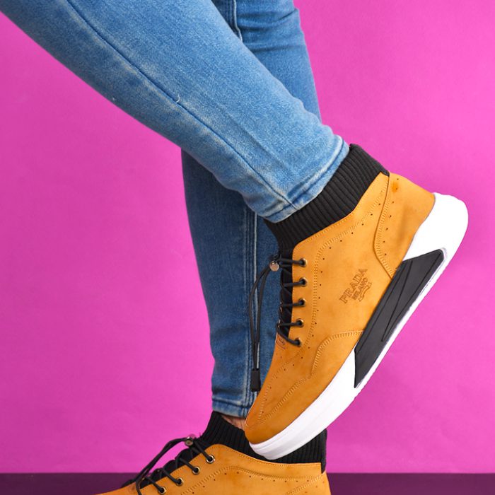 کفش چرم خردلی مردانه مدل ساق کشی اسپرت Prada جدید