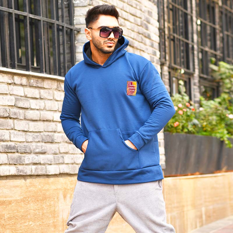 خرید اینترنتی هودی یا سوئیشرت جلوبسته کلاهدار مردانه آبی رنگ طرح ساده جنس دورس پرداخت درب منزل