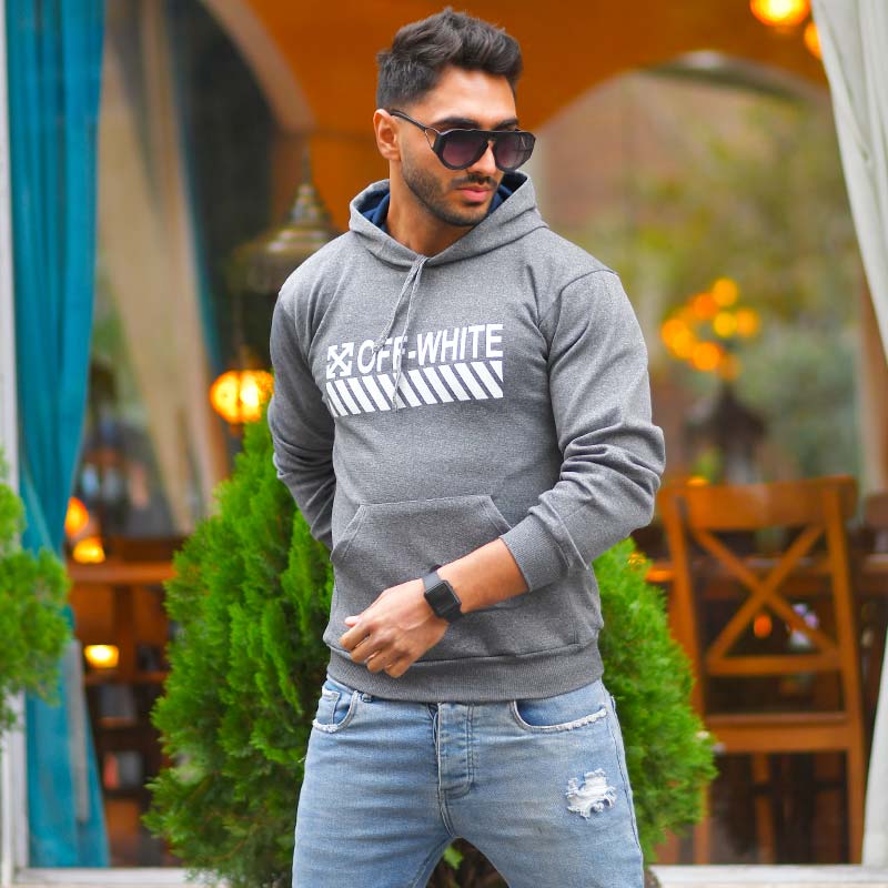 خرید آنلاین هودی طوسی طرحدار مردانه مدل Off White جدید