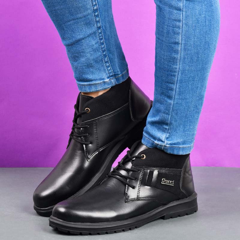 خرید اینترنتی کفش ساقدار چرم مردانه مشکی طرح گوچی کلاسیک ارزان قیمت پرداخت درب منزل