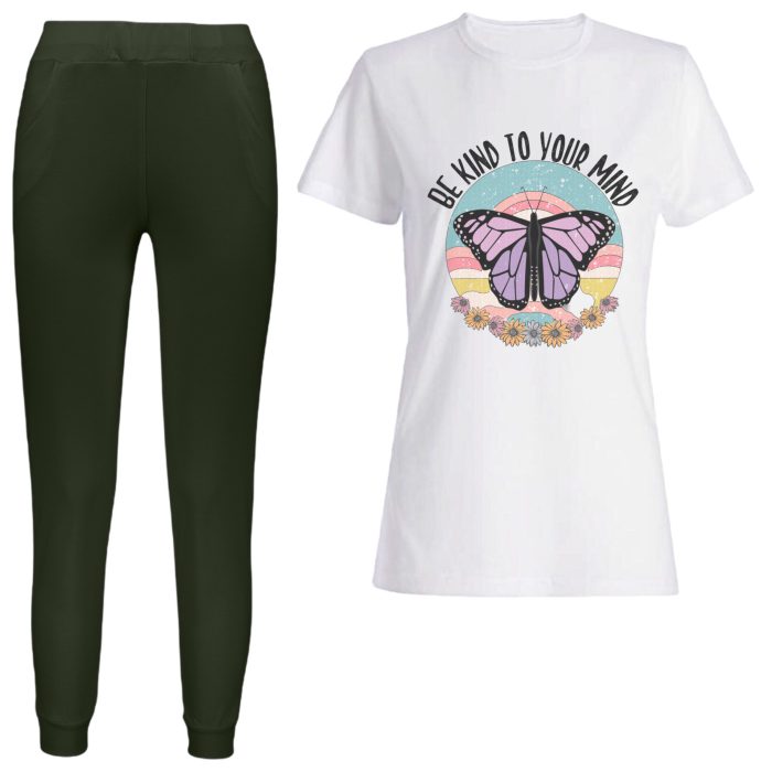 ست تیشرت سفید پروانه با شلوار سبز زنانه