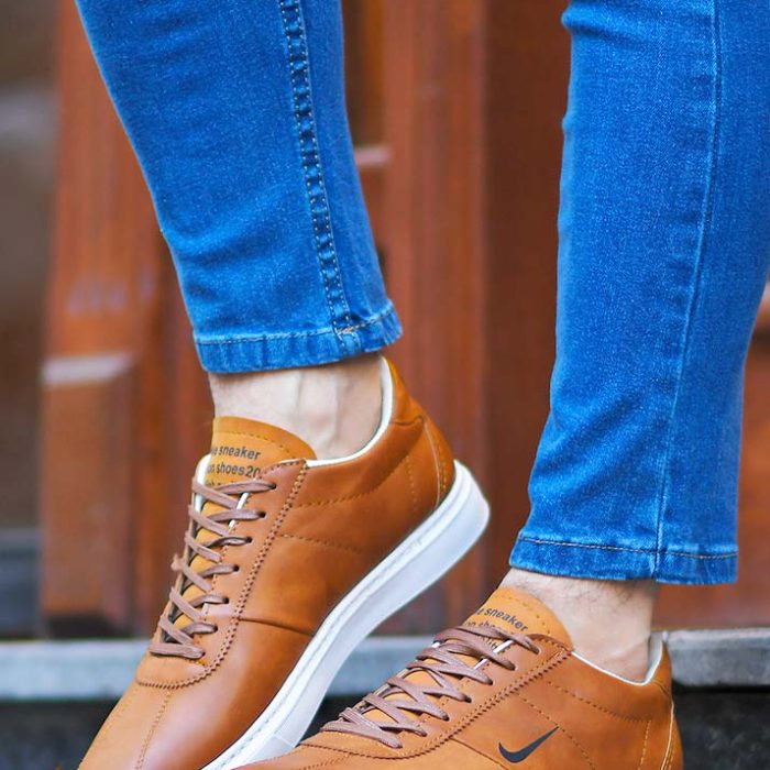 کفش چرم مردانه (عسلی) تخت صاف مدل Nike مد روز جدید
