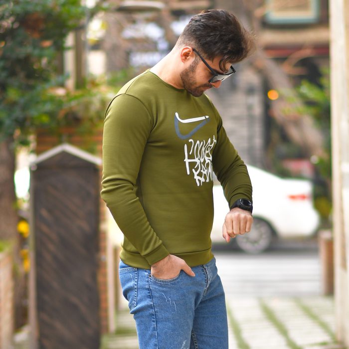 فروش آنلاین تیشرت دورس طرحدار مردانه سبز زیتونی ارزان قیمت پرداخت درب منزل