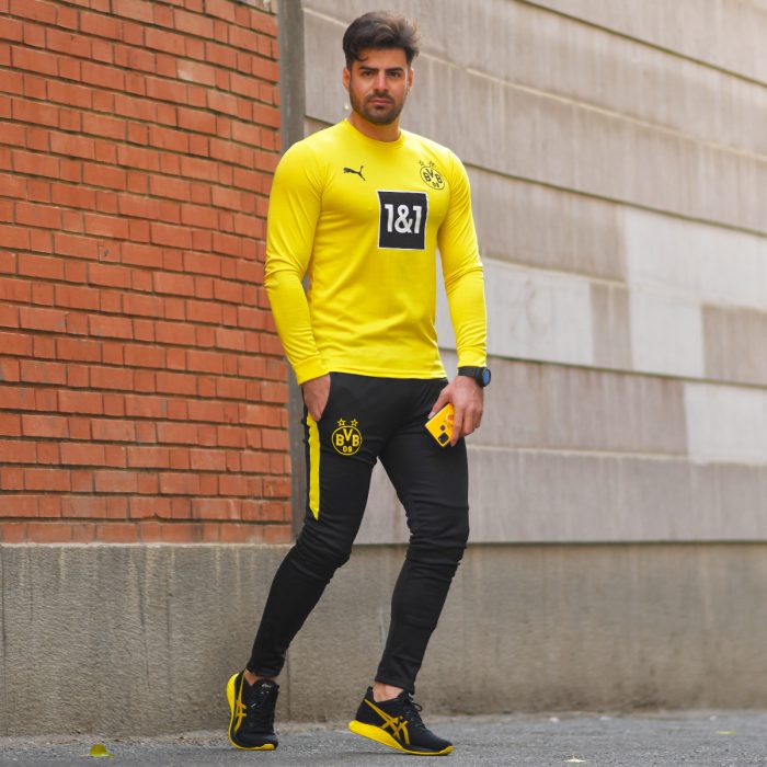 حراج ست لباس ورزشی زرد و مشکی پسرانه تی شرت آستین بلند اسپرت زرد و شلوار اسپرت اسلش آقایان BVB دورتموند