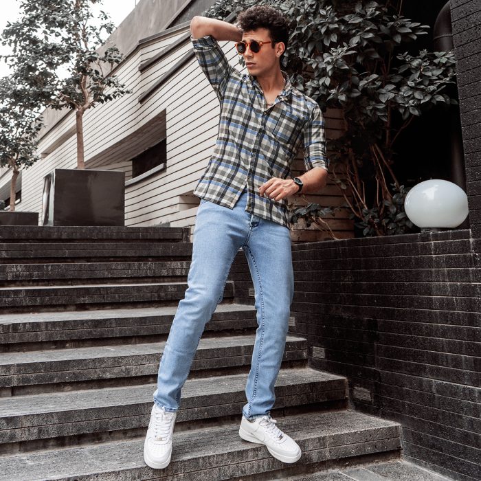 پیراهن چهارخانه مردانه (آستین بلند) آبی طوسی نخی جدید