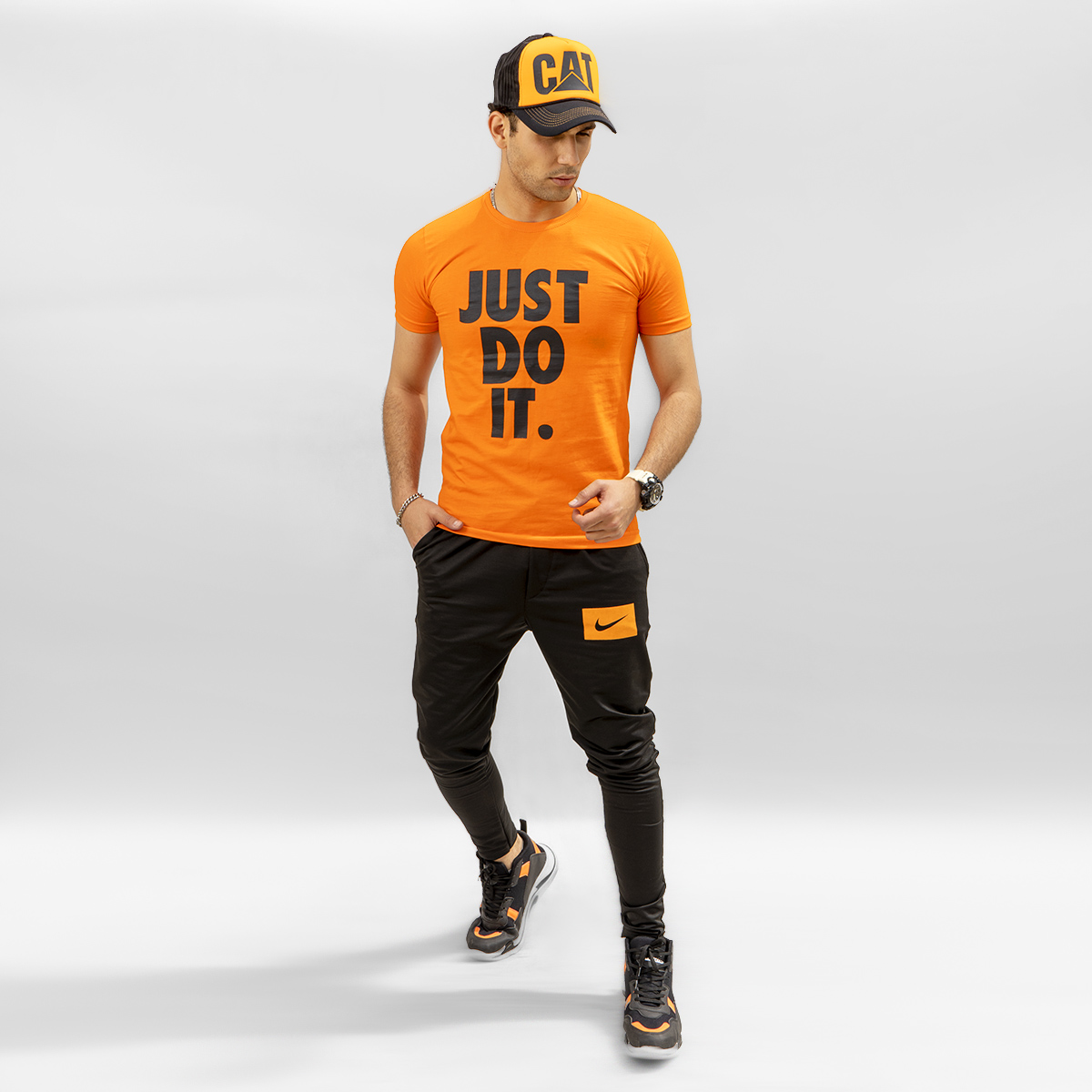 خرید اینترنتی ست تیشرت زرد نارنجی کمرنگ پسرانه مدل شلوار اسلش طرح just do it