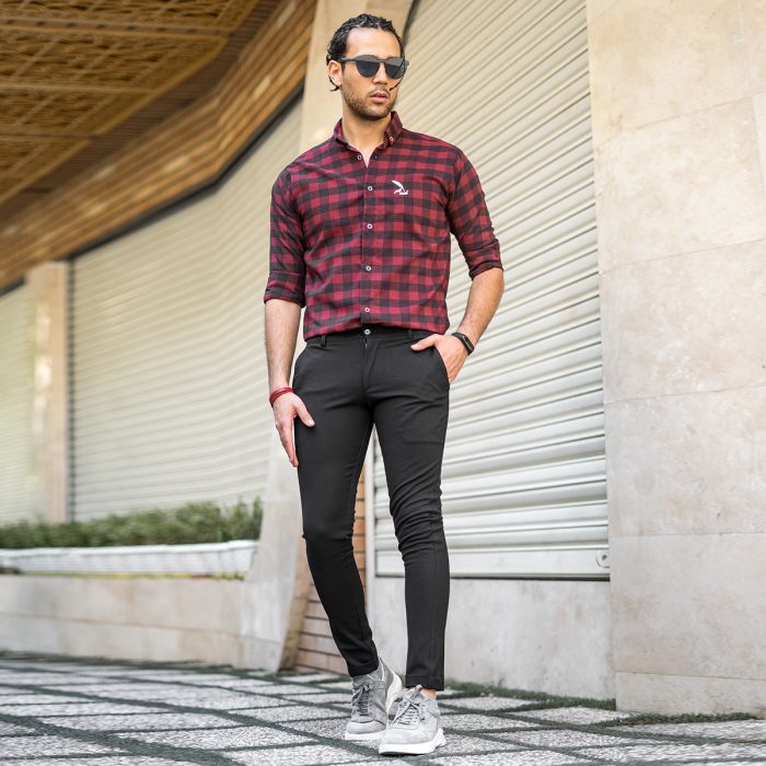 پیراهن چهارخانه پسرانه قرمز مشکی آستین بلند کشی جدید