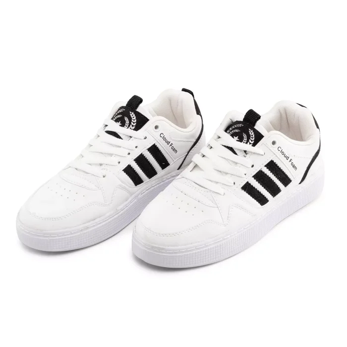 کفش کتانی دخترانه چرم سفید مدل 3 خط مشکی Adidas