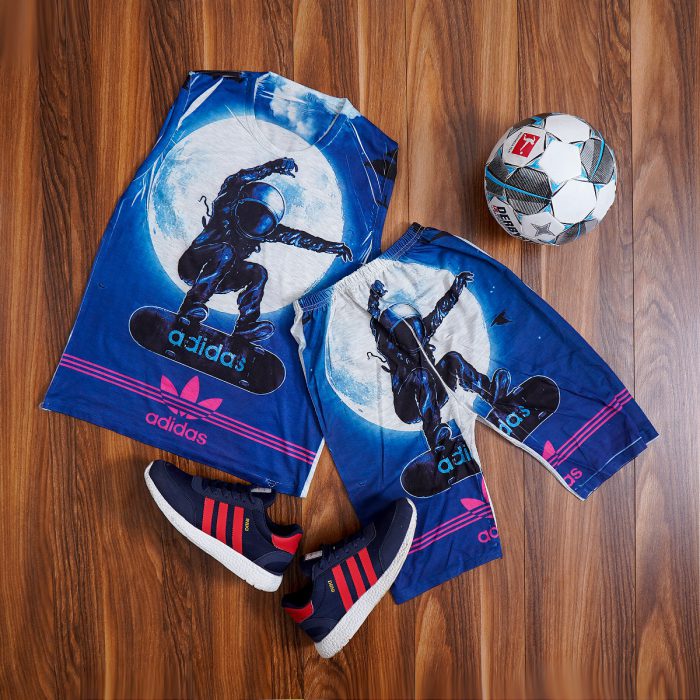 ست تاپ رکابی شلوارک مردانه فضانورد طرح Adidas آبی