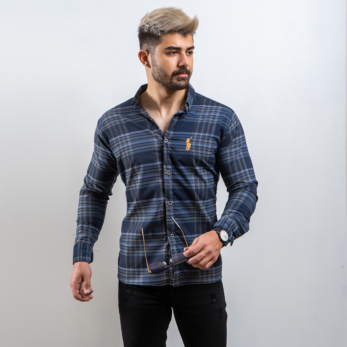 خرید آنلاین پیراهن سرمه ای چهارخانه درشت نخی جدید