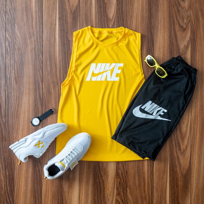 ست تاپ (رکابی) حلقه ای زرد با شلوارک Nike مردانه جدید