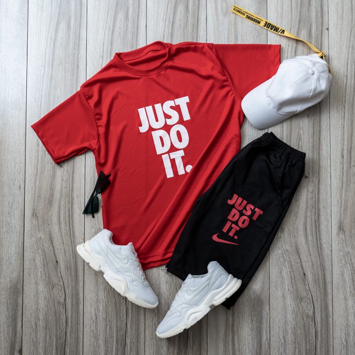 ست تیشرت قرمز با شلوارک Just Do It مردانه ورزشی جدید