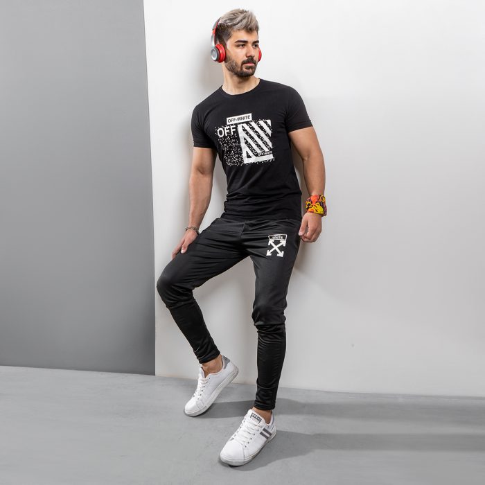 ست تیشرت Off White مردانه با شلوار اسلش مشکی جدید