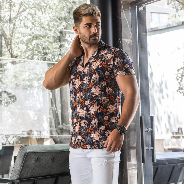 خرید اینترنتی پیراهن مردانه طرح برگ پاییزی آستین کوتاه هاوایی