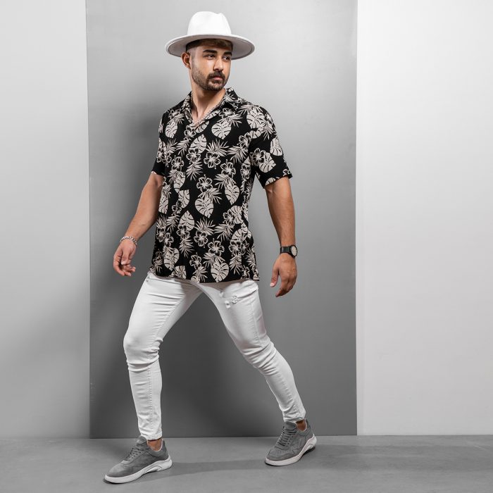 پیراهن هاوایی مردانه ( مشکی ) آستین کوتاه طرح گلبرگ