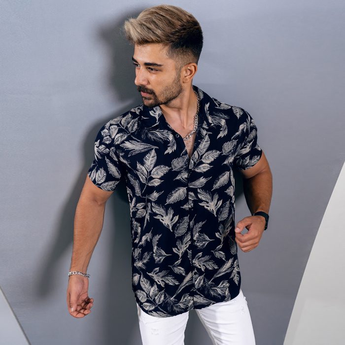 پیراهن آستین کوتاه مردانه هاوایی سرمه ای طرح پَر جدید