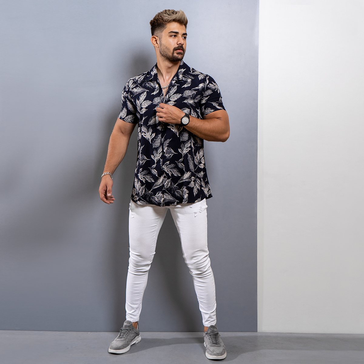 خرید اینترنتی پیراهن سرمه ای آستین کوتاه مردانه کرپ نخی