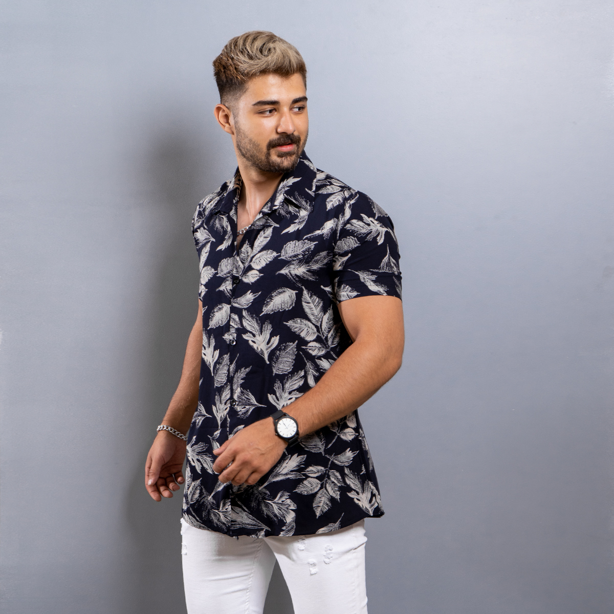 خرید اینترنتی پیراهن سرمه ای آستین کوتاه مردانه کرپ نخی