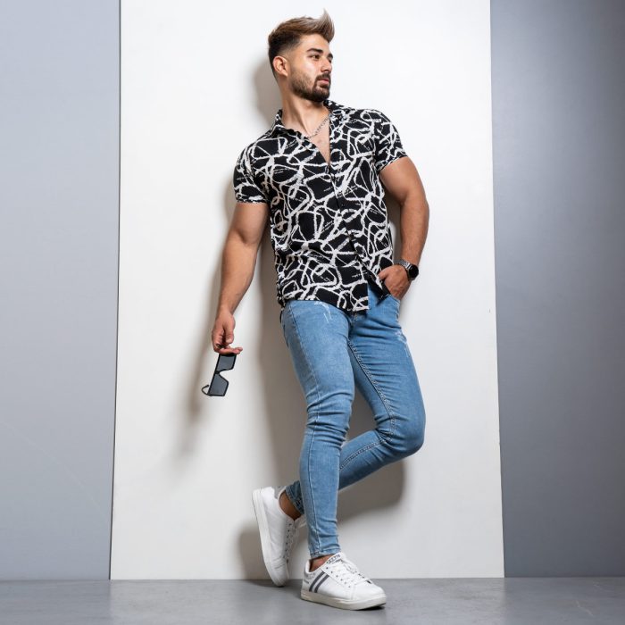 پیراهن هاوایی مردانه ( مشکی ) طرحدار آستین کوتاه جدید