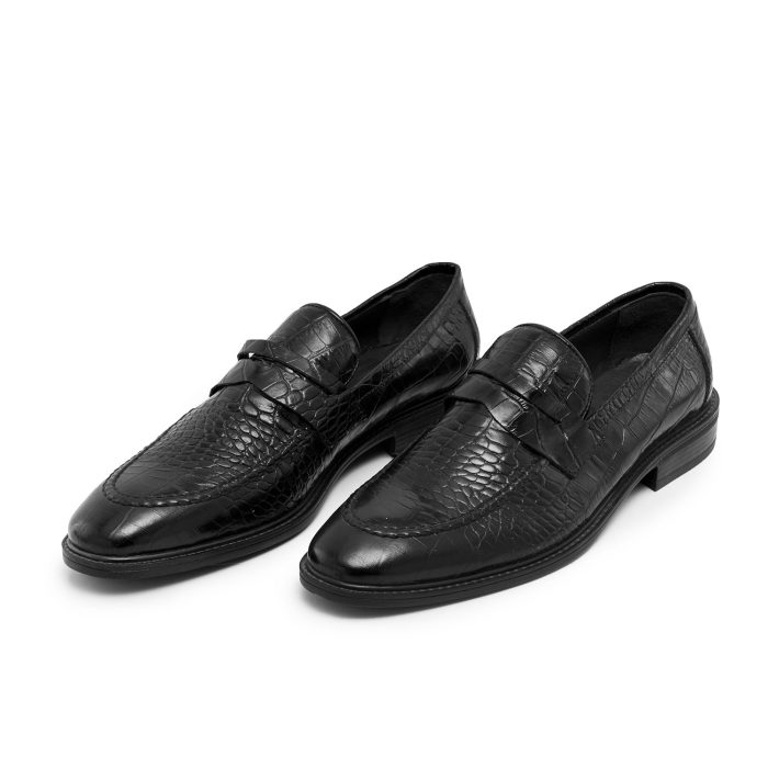 کفش کالج چرم پسرانه ( مشکی ) مدل پوست ماری