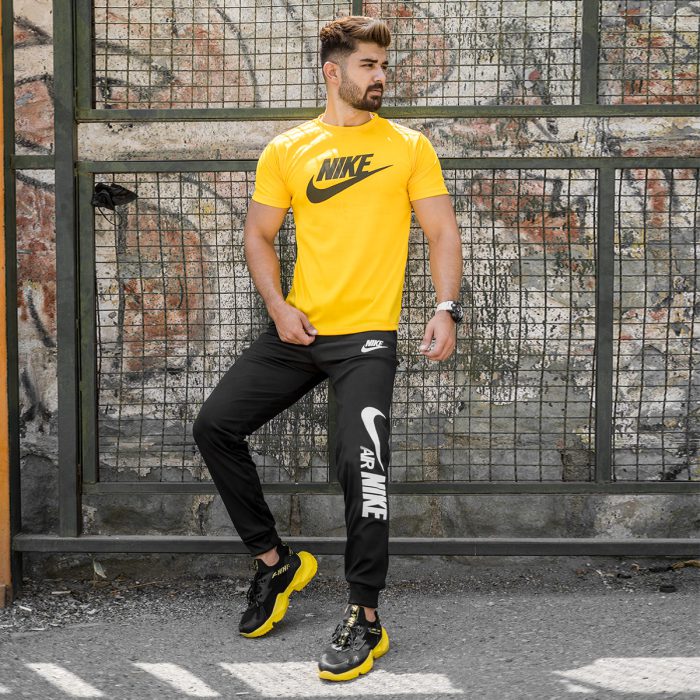 ست تیشرت زرد Nike مردانه شلوار ورزشی مشکی جدید
