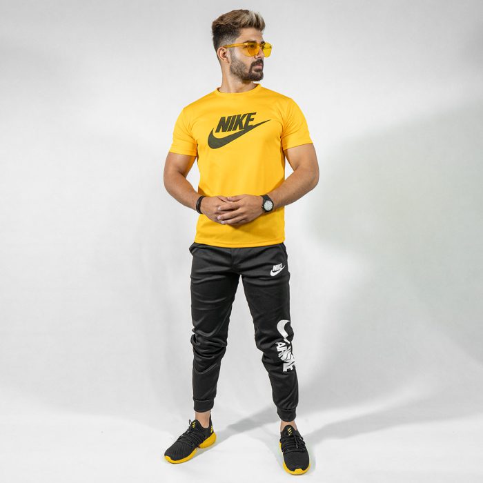 ست تیشرت زرد Nike مردانه شلوار ورزشی مشکی جدید