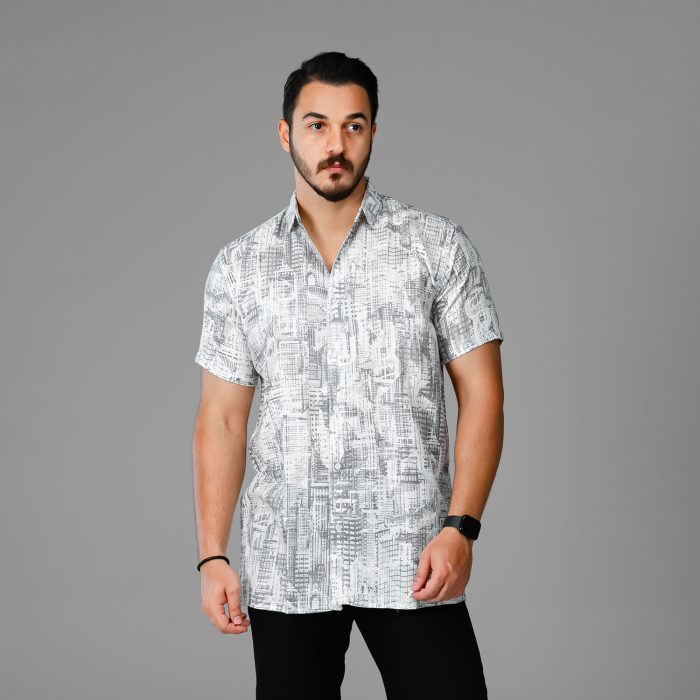 پیراهن آستین کوتاه مردانه مدل تمام نخ سفید طوسی