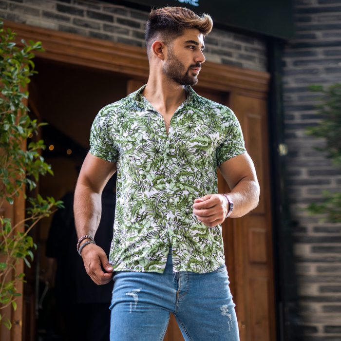خرید آنلاین پیراهن آستین کوتاه پسرانه مدل هاوایی سفید سبز جدید