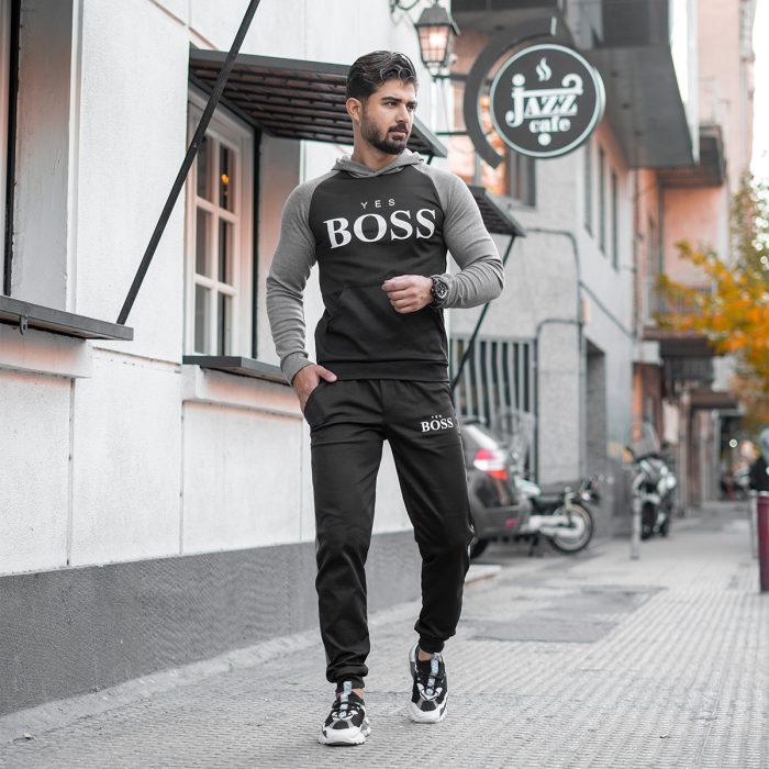 ست هودی شلوار مردانه مشکی طوسی مدل Boss طرح جدید