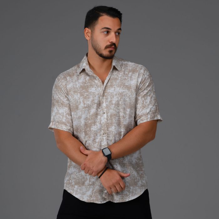 پیراهن کنفی آستین کوتاه مردانه ترکیب رنگ کرم