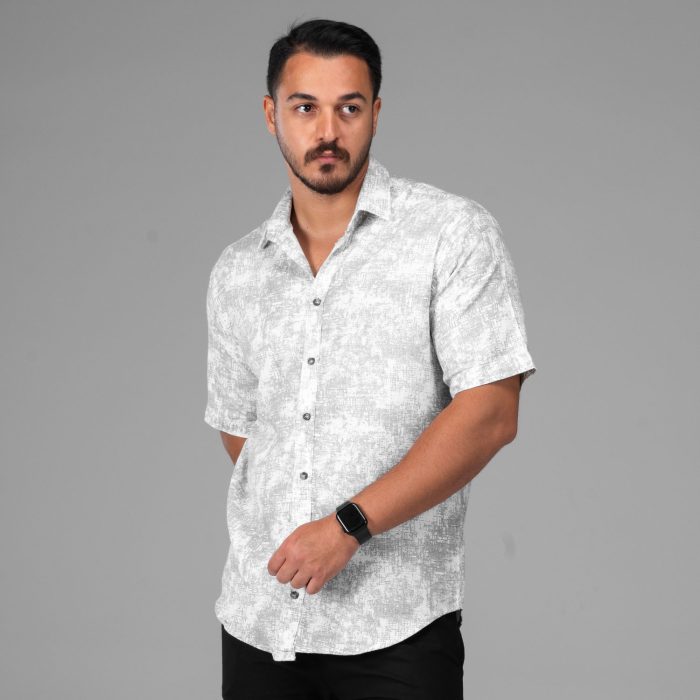 پیراهن آستین کوتاه کنفی مردانه سفید طوسی