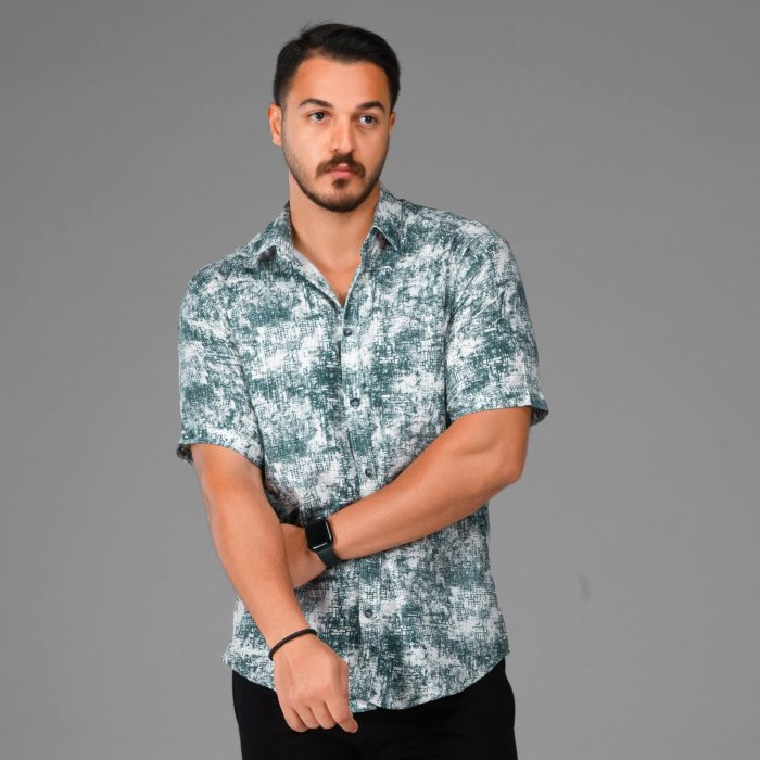 پیراهن کنفی آستین کوتاه مردانه سبز سفید