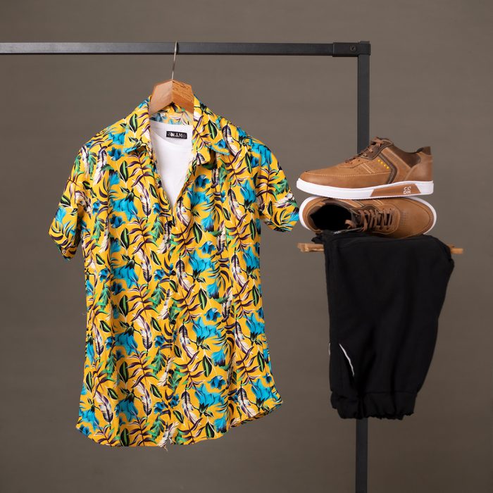 پیراهن هاوایی مردانه ( آستین کوتاه ) زرد طرحدار