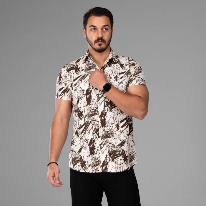 پیراهن آستین کوتاه سفید قهوه ای مردانه مدل کنفی
