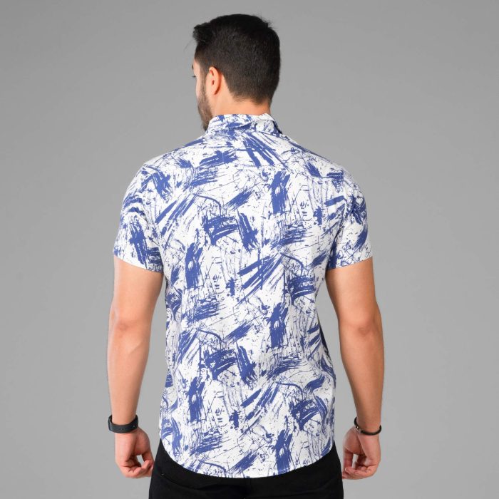 پیراهن آبی سفید مردانه مدل آستین کوتاه جنس کنفی