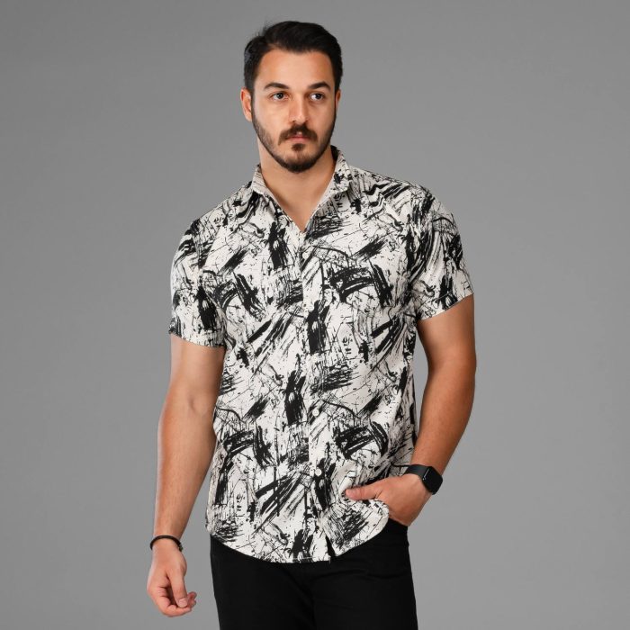 پیراهن آستین کوتاه مردانه رنگ سفید مشکی کنفی