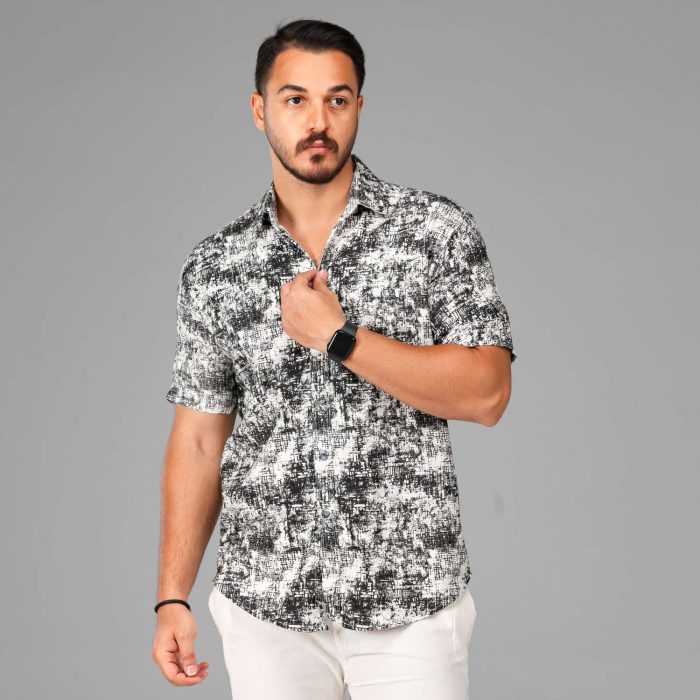 پیراهن کنفی آستین کوتاه مردانه ترکیب سفید مشکی